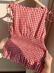 Blusa casual de mujer de algodón a cuadros naranja con tirantes tejidos y cordón en la cintura, blusa a cuadros naranja de verano, adecuada para el Día de San Valentín, el Carnaval, la playa, las vacaciones, el uso casual, la calle, la univers - Rojo - Ver 5