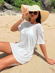 Vestido kaftan de mujer de unicolor con cuello redondo y manga corta, para usar en vacaciones - Blanco - Ver 3