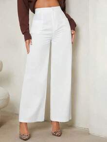 Tall Pantalones anchos de cintura alta y estilo casual para mujer, de unicolor - Blanco - Ver 7