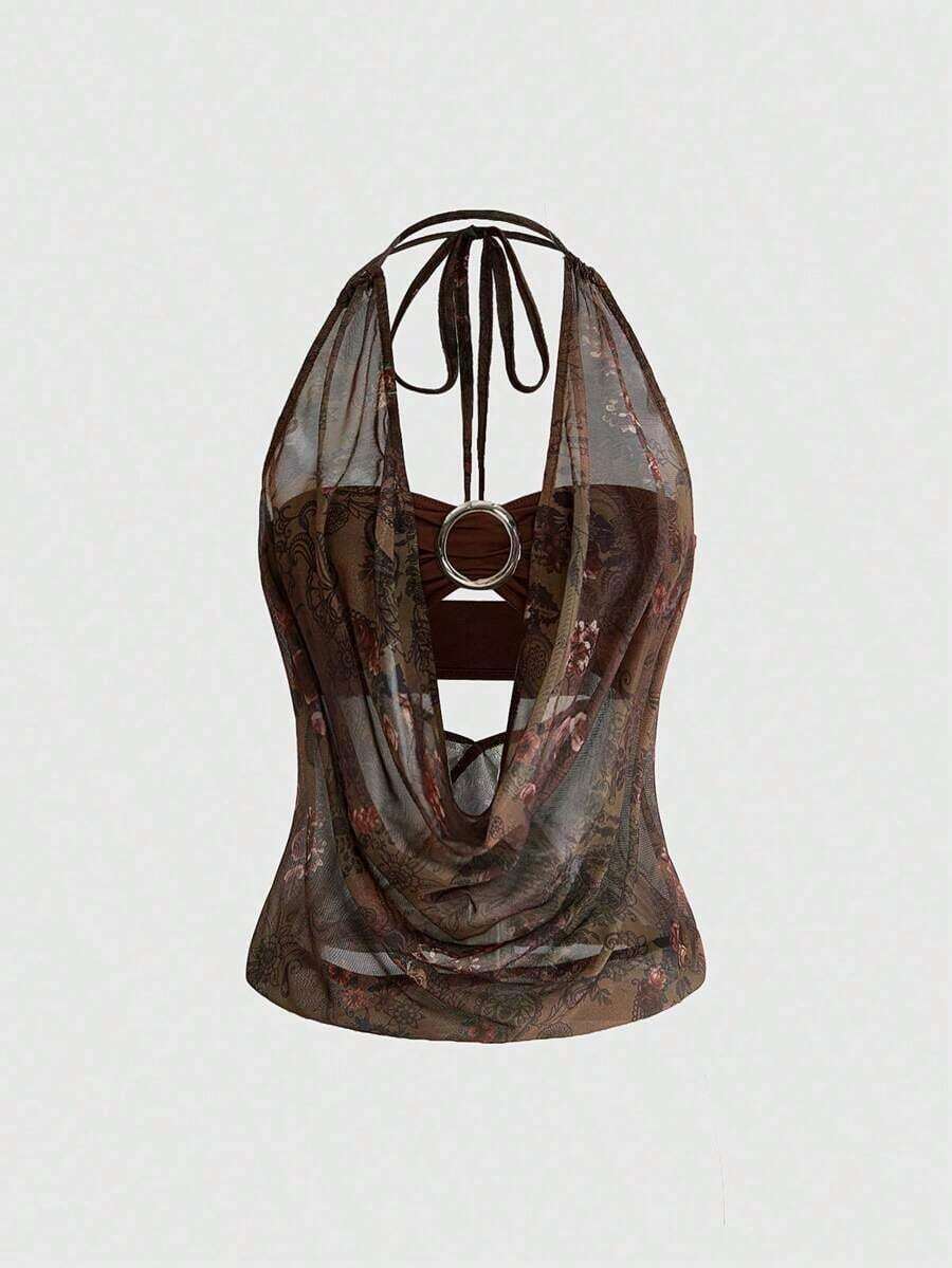 Hippie Camiseta sin espalda con cuello en V profundo, estilo vintage y holgado, para mujer (incluye forro de top tubo) - Marrón - Ver 1