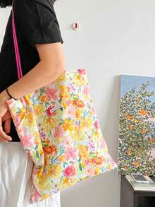 2026 New Summer Ditsy Floral Canvas Bag, Unique Design PU Strap Shoulder Bag, Artistic Commuter Bag For Women - White - View 4