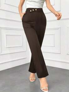 Pantalones elegantes de mujer con pierna recta, cintura suelta y detalles de botones para otoño/invierno - Café integral 2 - Ver 5