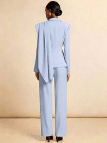 Conjunto casual de blazer y pantalones de unicolor con cuello entallado para ir al trabajo - Azul - Ver 2
