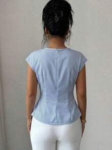Blusa elegante de mujer con cintura a rayas, ajustada, con decoración de hebilla metálica y cremallera oculta en la espalda, adecuada para uso casual y de oficina - Azul - Ver 2
