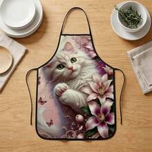 1 pieza, Delantal de poliéster con diseño de gato cocinero y girasol, adecuado para cocinar, hornear y jardinería - se puede usar como atuendo para la cocina y el comedor - Multicolor - Ver 4