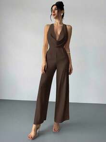 s anchos de pierna blanca con cintura ceñida, escote profundo en V y espalda descubierta, elegantes y modernos, apropiados para ir al trabajo, citas románticas, fiestas sexys, vacaciones en la playa, festivales, San Valentín, temporada de - Café integral - Ver 6