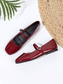 French Square Toe Mary Jane Shoes, Versatile - Burgundy - View 6