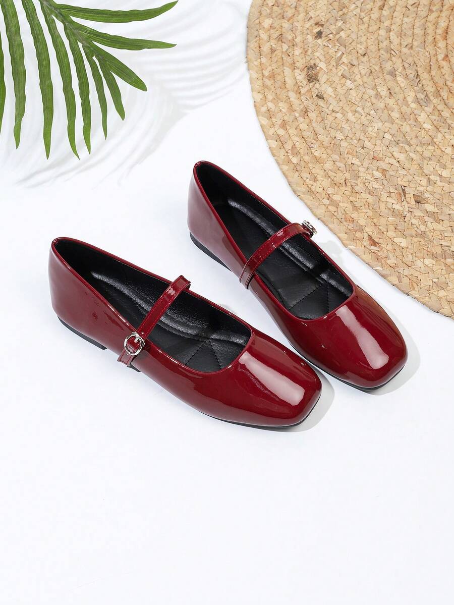 French Square Toe Mary Jane Shoes, Versatile - Burgundy - View 1