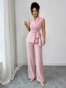 Conjunto elegante y romántico de blazer y corbata de moño para vacaciones y oficina para mujeres - Rosa - Ver 4