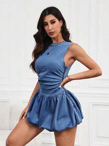 Vestido de mezclilla con volantes y espalda descubierta, elegante y ceñido a la cintura - Azul lavado medio - Ver 5