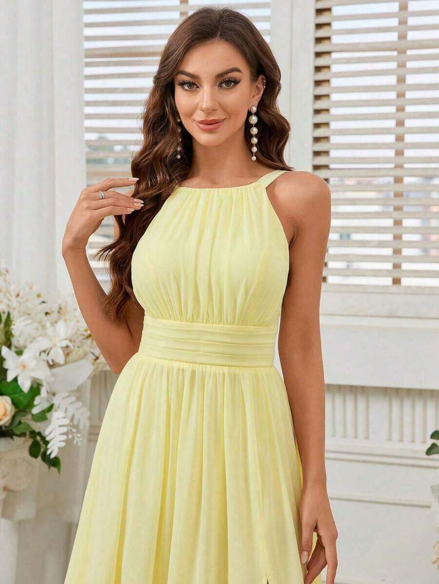 Belle Vestido de dama de honor con cuello de halter de unicolor, cintura imperio y abertura frontal alta.Elegante vestido color púrpura claro para boda. - Amarillo - Ver 1