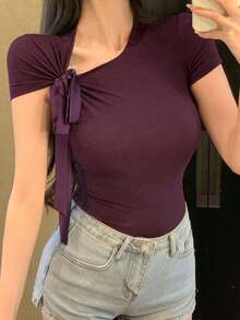 Camiseta ajustada de mujer casual y deportiva con lazo, top morado - Morado - Ver 7