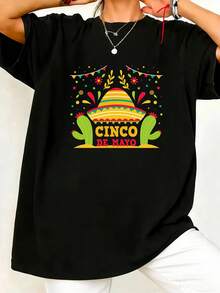Women's Plus Size Summer Casual Short Sleeve T-Shirt With Cactus Garland And Cinco De Mayo Mexican Straw Hat Print, Fashionable Printed Short Sleeve Top For Women - 黑色 - 查看 1