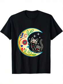 Day Of The Dead Themed T-Shirt, Sugar Skull Design With Cat And Moon, 220 Grams Weight. Men's T-Shirt Made Of Pure Cotton, Comfortable And Versatile, Soft And Breathable, Short Sleeve. - 黑色 - 查看 8