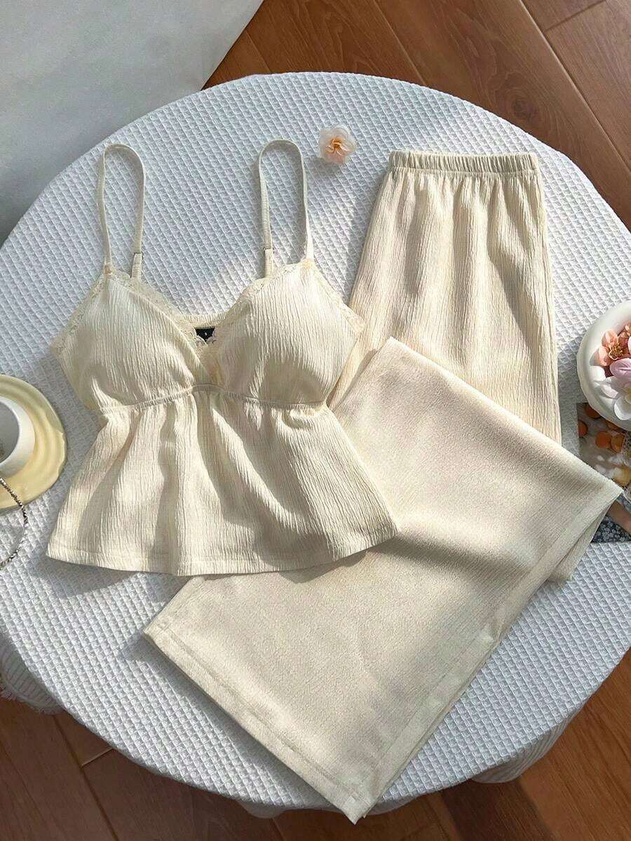 Conjunto de pantalones palazzo casuales con parches de tela texturizada, encaje floral y estilo Y2K - Albaricoque - Ver 1