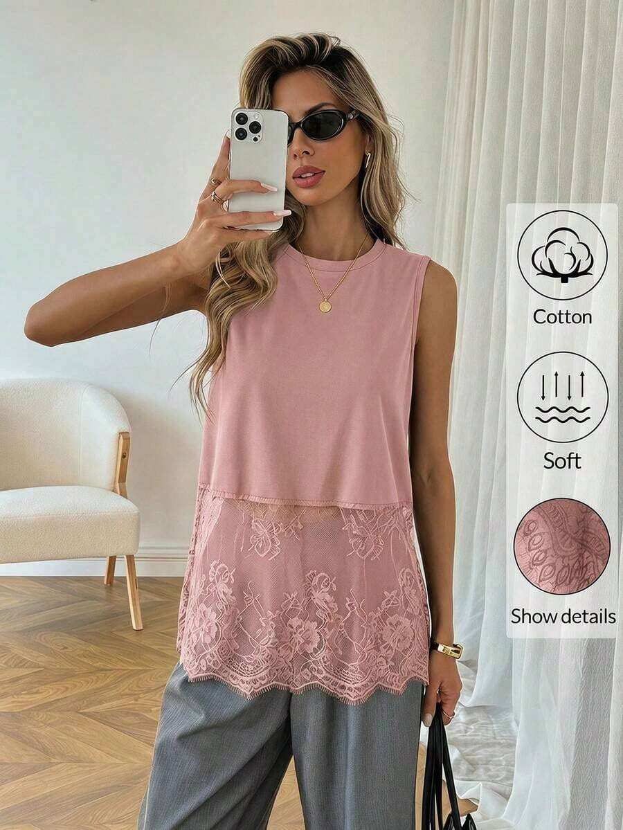 Top sin mangas de mujer con cuello redondo y dobladillo de encaje, primavera/verano - Rosa vieja - Ver 1