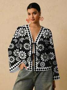 Camisa casual versátil de uso diario con estampado floral y nudo delantero para mujer de talla grande - Multicolor 6 - Ver 3