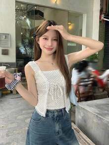 Blusa elegante sin mangas con lazo y lunares, estilo coreano para mujer - Gris - Ver 3