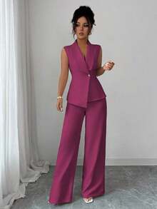 Conjunto de oficina elegante para mujer, compuesto por una chaqueta blazer sin mangas con cuello y bajo asimétrico, con hebilla metálica en la cintura, combinada con pantalones de cintura elástica.Conjunto de 2 piezas elegante para primavera/verano, atuendo formal y de clase para mujer. - Rojo violeta - Ver 5