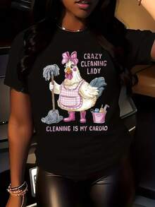 Women's Funny Cleaning Theme T-Shirt - "Crazy Clean Girl" Print - Soft And Stretchy Crew Neck T-Shirt - Everyday Casual Wear - Sizes S-XXL - Machine Washable Fabric, Suitable For All Seasons, Fun Design - 黑色 - 查看 6