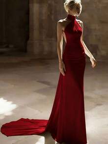 Nuevo elegante vestido largo de satén de unicolor para mujer con cuello halter, botones, cintura alta, espalda descubierta y cintura ceñida, adecuado para bodas, galas, citas y otras ocasiones, color negro primaveral - Rojo - Ver 1