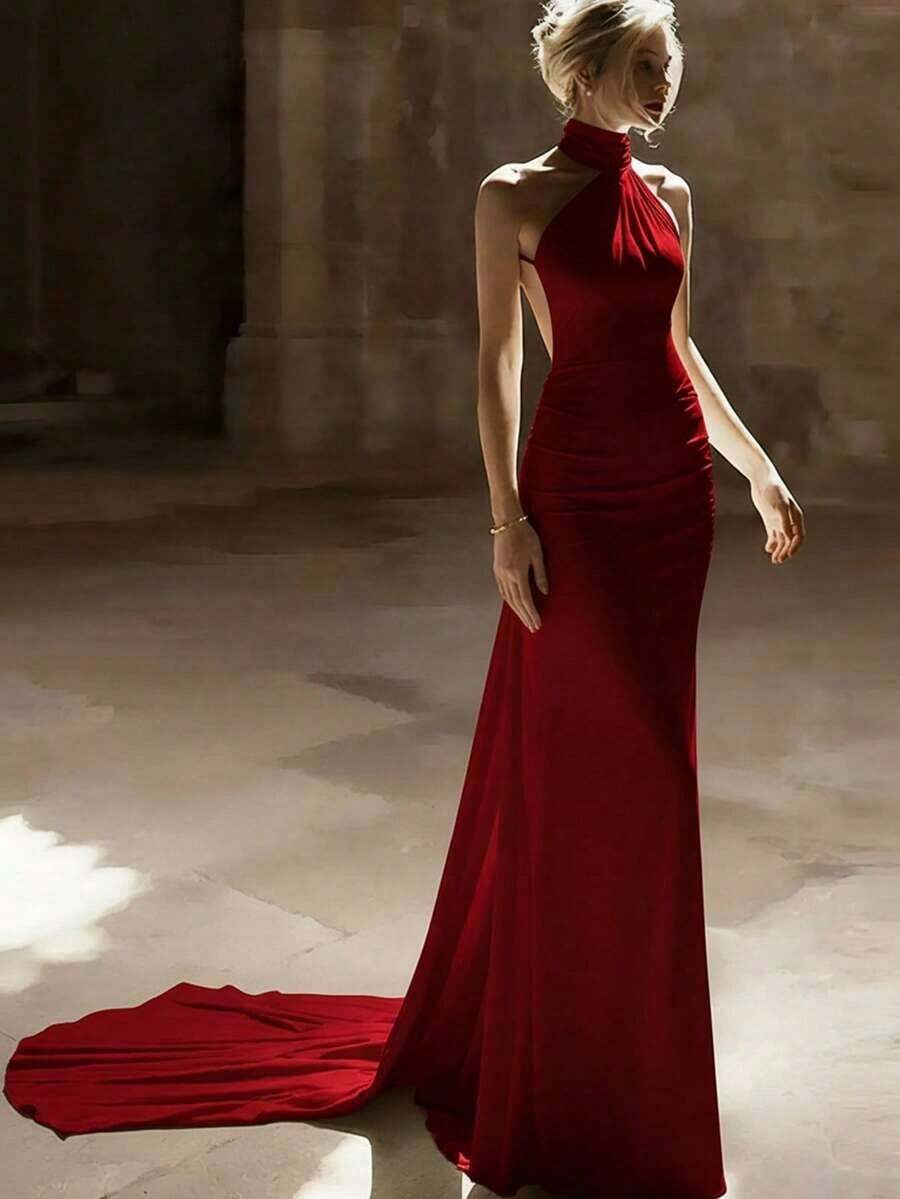 Nuevo elegante vestido largo de satén de unicolor para mujer con cuello halter, botones, cintura alta, espalda descubierta y cintura ceñida, adecuado para bodas, galas, citas y otras ocasiones, color negro primaveral - Rojo - Ver 1