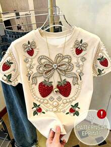 Camiseta oversize con bordado de flores silvestres, camiseta con bordado floral, camiseta de cuello redondo y manga corta para el verano - Multicolor 3 - Ver 4
