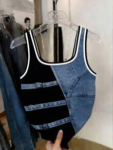 Camiseta de tirantes ajustada con estampado de denim para mujer de talla grande - Multicolor 5 - Ver 2