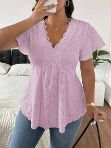 CosyJoli Camiseta de mujer de talla grande con cuello en V, parche de encaje y textura a rayas en forma de A - Rosa - Ver 4