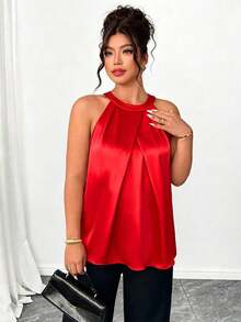 Camiseta sin mangas con pliegues 3D elegante para mujer de talla grande, versátil para fiesta, té de la tarde, ir al trabajo, color caqui - Rojo - Ver 6