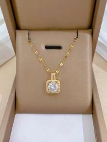 奢华铜质微镶锆石方形吊坠项链耳环套装，婚礼派对女士礼物 - 金色 - 查看 4