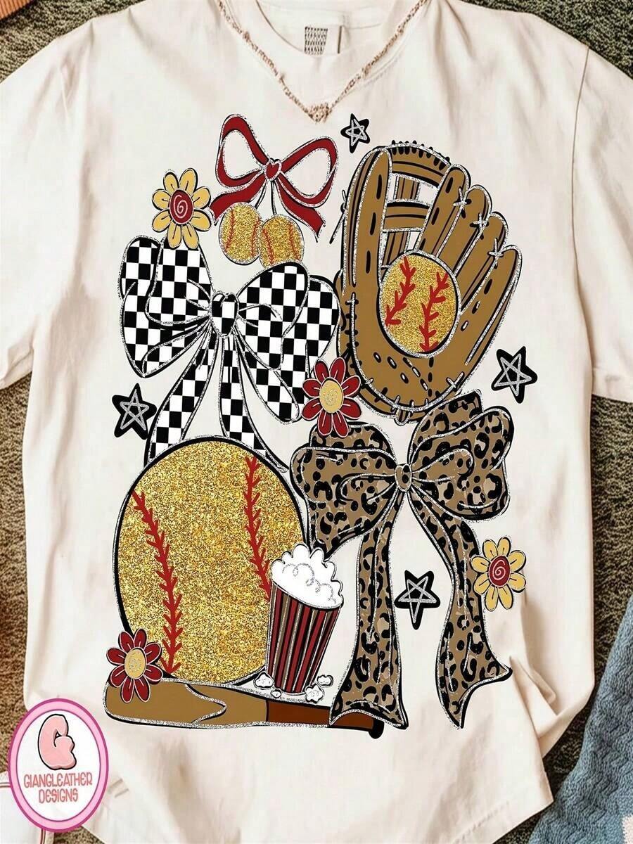 1 pieza de diseño PNG (Gráficos Portátiles en Red) de Softbol y Béisbol - Lindos Iconos de Doodle S con Estampado de Leopardo, Lazos y Diseño de Bate - Ropa para el Día del Partido, Logos de Equipo, Ropa Casual - Lavable a Máquina - Diseño Softball Mama Coquette - 180g Algodón 100% - Blanco - Ver 1