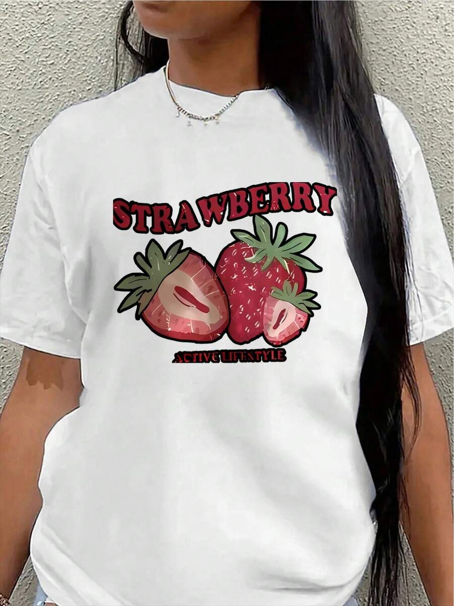 Camiseta de manga corta de poliéster, diseño con estampado de fresas, ligera y duradera, adecuada para uso casual en casa o en una cafetería, cómoda y ajustada para el uso diario, con un patrón de frutas rojas y verdes brillantes y vibrantes.women's shirts - Blanco - Ver 1