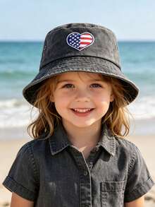 Chapéu infantil tipo bucket com bordado de coração e bandeira americana, respirável e ideal para meninos e meninas no 4 de julho e no verão. - 1PC - Ver 2