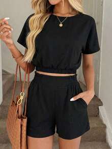 Conjunto casual de 2 piezas de top corto y shorts con cintura ceñida, con patrón de líneas geométricas abstractas, cómodo y elegante para vacaciones y uso diario, primavera/verano - Negro 2 - Ver 3