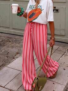 Women's Casual Striped Straight Loose Pants For Summer, Suitable For Daily Wear & Vacation - Pink - View 6