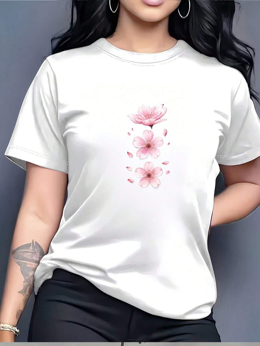 Camiseta Deportiva Casual para Mujer en Blanco con Estampado Floral Rosa - Camiseta Elástica de Cuello Redondo, Lavable aáquina, Ajuste Cómodo para Todas las Estaciones, para Combinar con Pantalones Negros, Perfecta para el Uso Diario y Actividades Informales. - Blanco - Ver 1
