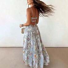 Women's Summer Floral Print Backless Spaghetti Strap Maxi Dress Elegant Sleeveless Long Flowy Dress For Vacation Date Night Beach Wedding Guest - Màu xanh lam - Xem 6