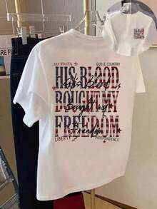 Camiseta gráfica para mujer "Su Sangre Compró Mi Libertad", estampado de la bandera estadounidense, camiseta patriótica cristiana para el 4 de julio, top vintage de fe para el Día de la Independencia de EE. UU., cuello redondo de manga corta, corte holgado, estilo urbano, camiseta cómoda de hombros caídos para iglesia, vacaciones, uso diario, regalo cristiano para creyentes. - Blanco - Ver 2