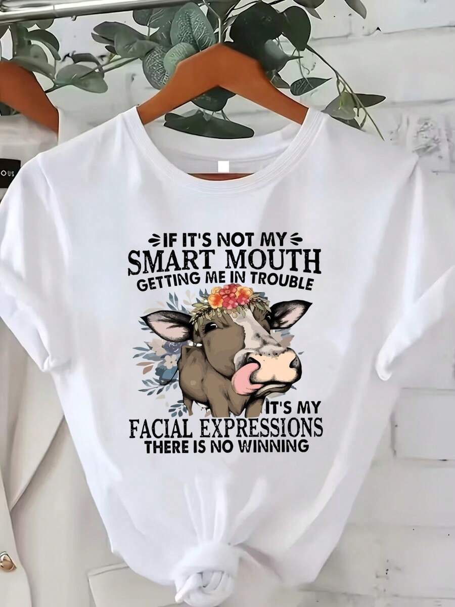 Ropa ligera de corte holgado para mujer, camiseta holgada para mujer, top casual de manga corta con cuello redondo, tela ligeramente elástica, lavable a máquina, ajuste cómodo adecuado para todas las estaciones, camiseta para mujer, camiseta con estampado plano 2D único, ajuste cómodo para uso diario casual. - Blanco - Ver 1