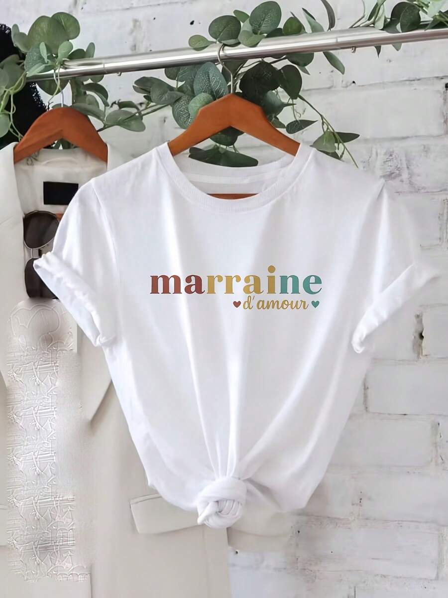 Athletic Athleisure [Daily] One-Piece Set, Crew Neck, Short Sleeves, Minimalist And Fresh Style, White, Heart Print With The Word "Marsaline" In Lowercase, High-Quality T-Shirt. | Everyday Wear: Women's Moisture-Wicking Tops, Casual Gym Wear. - 白色 - 查看 1