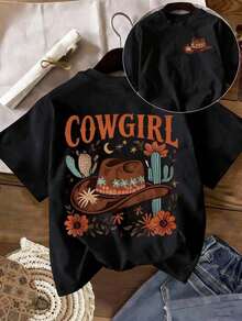 Under The RadarCamiseta de manga corta de algodón puro para mujer con estampado de sombrero de vaquero del oeste, elegante y hermosa, de alta calidad, a la moda, suave y cómoda, con diseño de estilo retro americano, adecuada para uso diario / celebraciones de fiesta / regalos navideños, top holgado y único - Camiseta unisex de algodón de manga corta con cuello redondo y estilo vintage urbano. Camiseta unisex de algodón holgada de manga corta y cuello redondo estilo vintage urbano - Negro - Ver 6