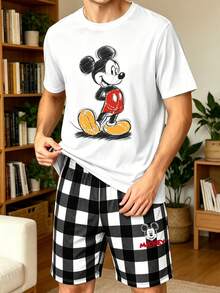 Disney 男士睡衣套装，黑白格子，可爱印花T恤套装，舒适夏季服装 - 彩色 - 查看 3