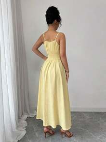 Vestido de lino con nudo en el frente, plisado en la cintura y sin mangas, color café claro, cómodo y casual, para primavera y verano - Amarillo claro - Ver 2