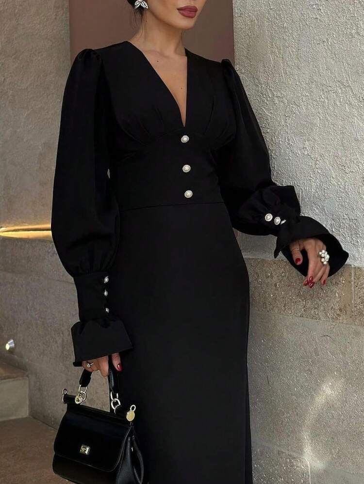 Vestido gasa francés corte A cuello V ajustado, primavera verano - Negro - Añade 1