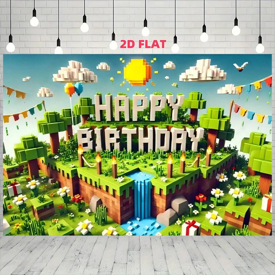 2D Flat Retro Pixel Birthday Party Backdrop Fabric - Large Polyester Fiber Wall Decoration - Featuring Castles, Gifts And Ribbons - Suitable For Home, Office, Studio And Outdoor Celebration Events - No Power Supply - Birthday Party Decoration