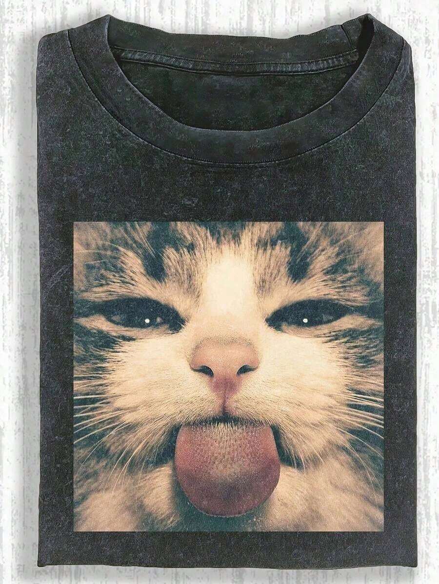 1 pieza de camiseta gráfica divertida con diseño de gato, camiseta de algodón para hombre, 230 g, camiseta de manga corta lavada, adecuada para regalos de Halloween, Navidad y el Festival de Primavera, 180 g. - Negro 30 - Ver 1