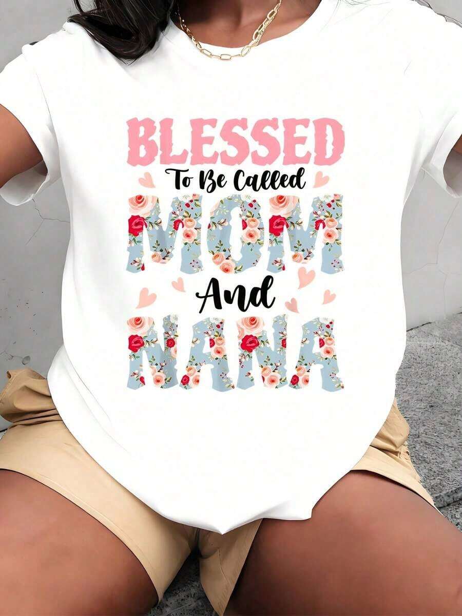 Women's Casual T-Shirt With Floral Print And "Blessed To Be Called Mom And Nana" Text, Short Sleeve, Round Neck, 220g, 100% Cotton, Durable - 白色 - 查看 1