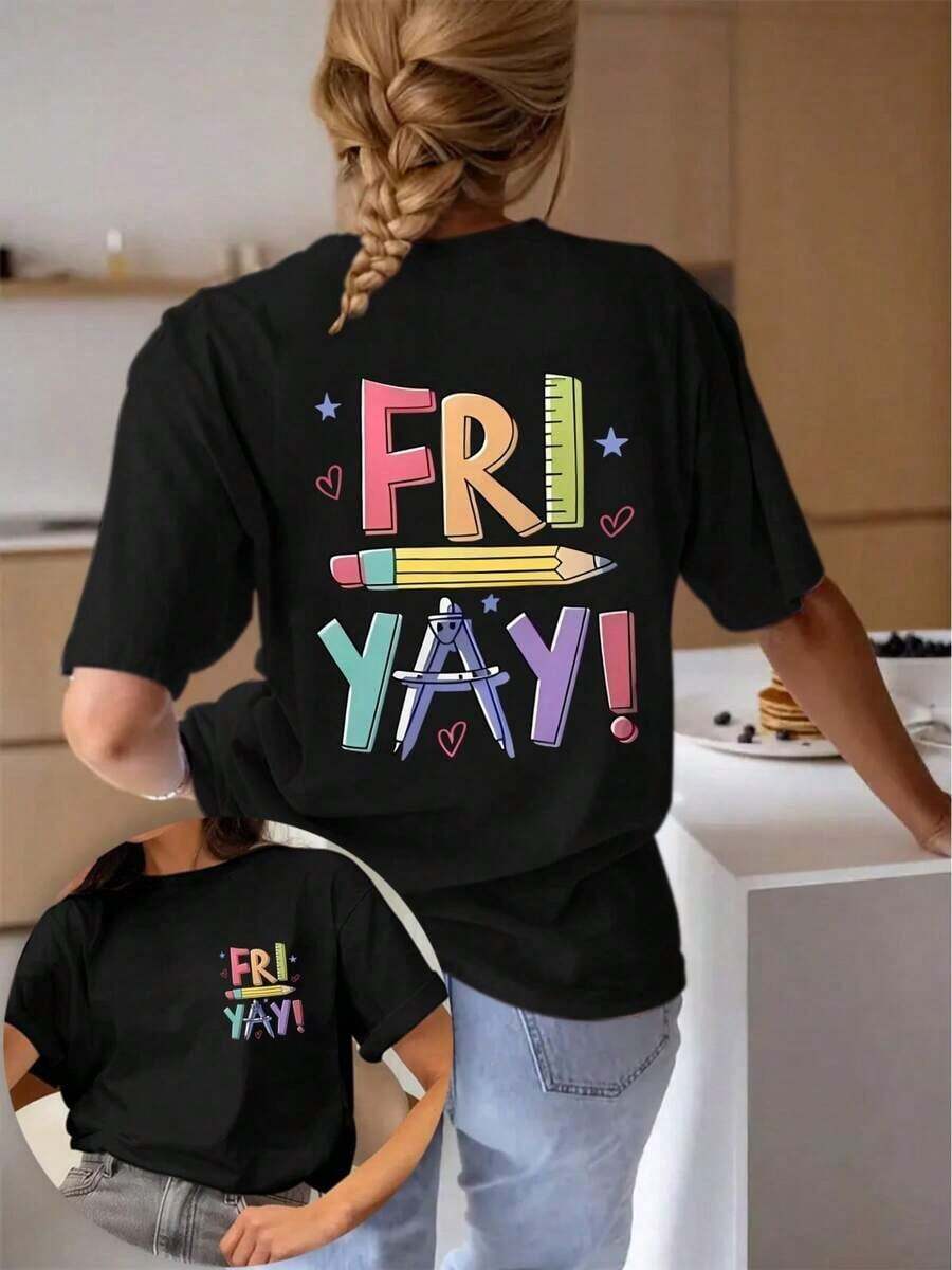 Unique T-Shirt With A Fun FRIDAY YAY Design, Perfect For Y2K Style Lovers. Ideal For Highlighting Your Joy And Creativity. With A Colorful And Modern Print That Will Attract Attention. Be The Center Of Attention With This T-Shirt! - 黑色 - 查看 1