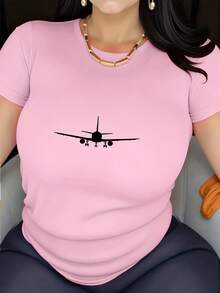 Camiseta con Estampado Gráfico de Avión - Ropa deportiva casual de verano de manga corta, suave, transpirable y cómoda, hecha de una mezcla de poliéster, fácil de cuidar, de secado rápido, adecuada para actividades al aire libre y uso casual, estilo casual, TODOS/Global/Todos. - rosa - Ver 3